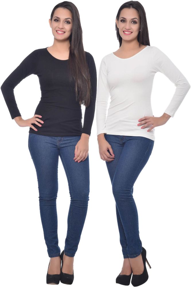 Picture of Frenchtrendz Cotton Spandex Black & Ivory Bateu Neck Full Sleeve Top Combo