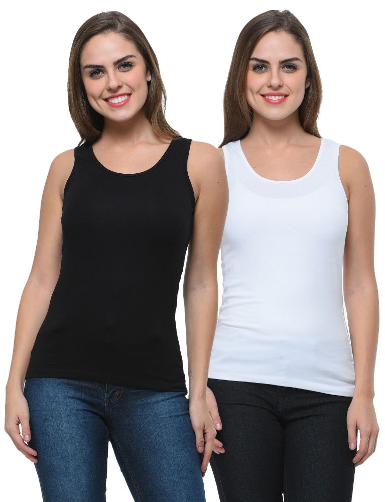 Picture of Frenchtrendz Cotton Spandex Black & Ivory Medium Length Tank Tops Combo