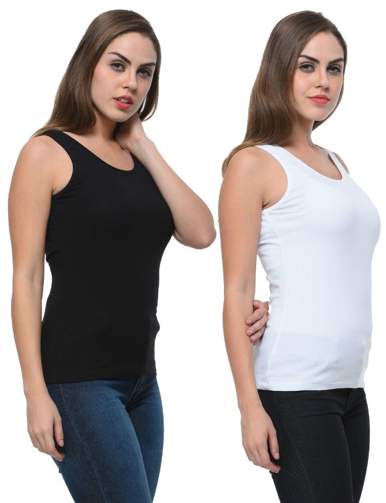 Picture of Frenchtrendz Cotton Spandex Black & Ivory Medium Length Tank Tops Combo